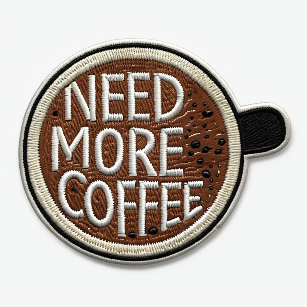 Coffee Cup Embroidered Patch with Need More Coffee Design for Hats