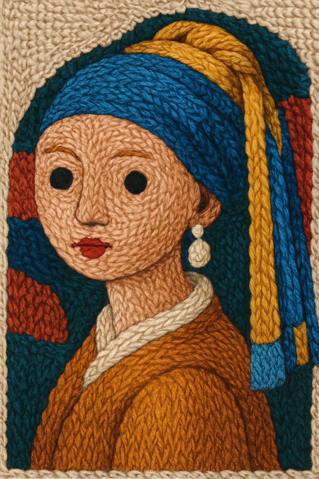 Textured Yarn Portrait of Pearl Earring Girl Inspired Artwork Art