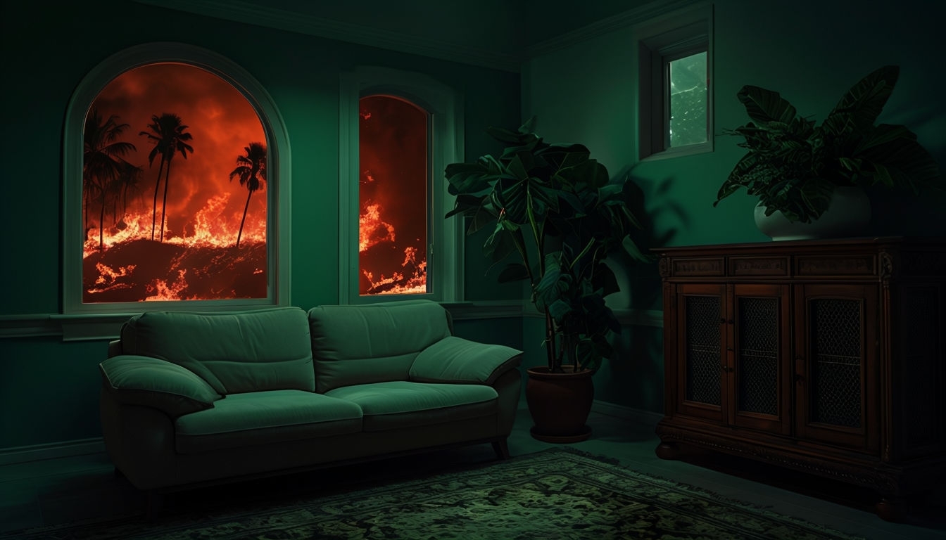 Dramatic Dimly Lit Living Room with Fiery Window View Virtual Backgrounds