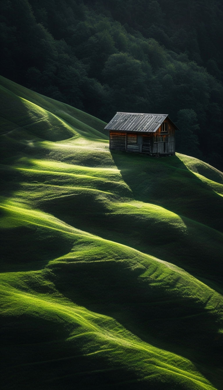 Serene Wooden Cabin on Grassy Hill Landscape Photograph Mobile Wallpaper