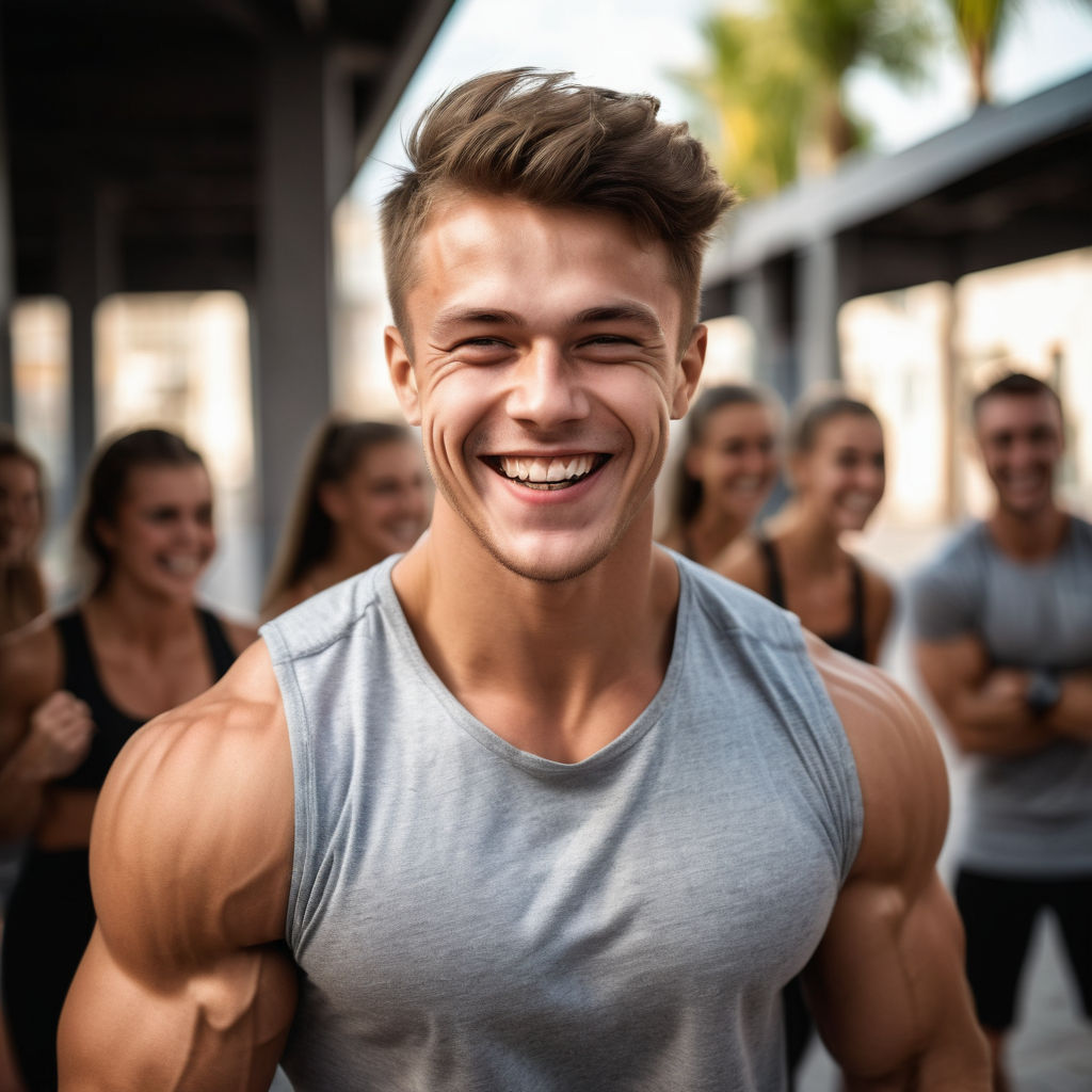 Roided young teen with muscular physique. pecs and 8 pack abs. noticeable  bulge in underwear. Smiling with tongue sticking out. Huge boulder  shoulders.