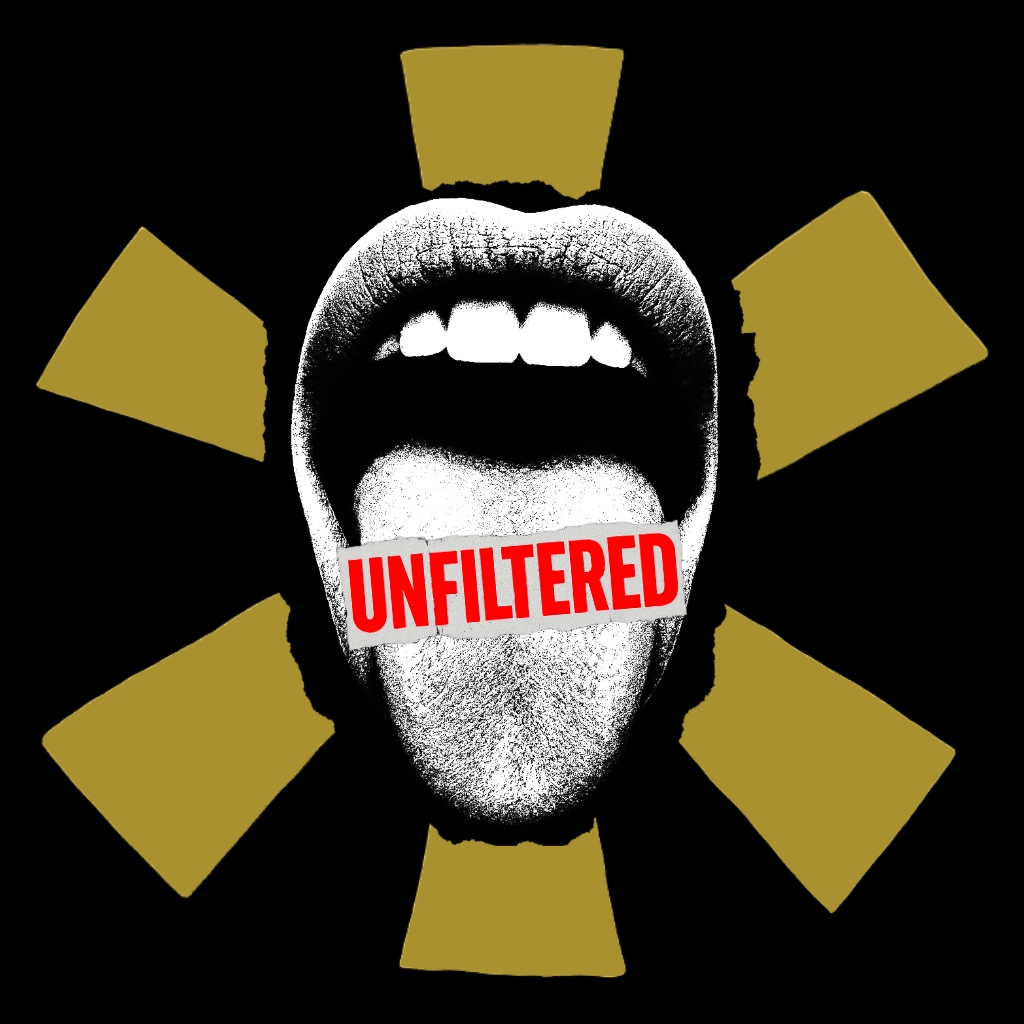 Unfiltered Black and White Mouth Artwork with Bold Red Text Sticker