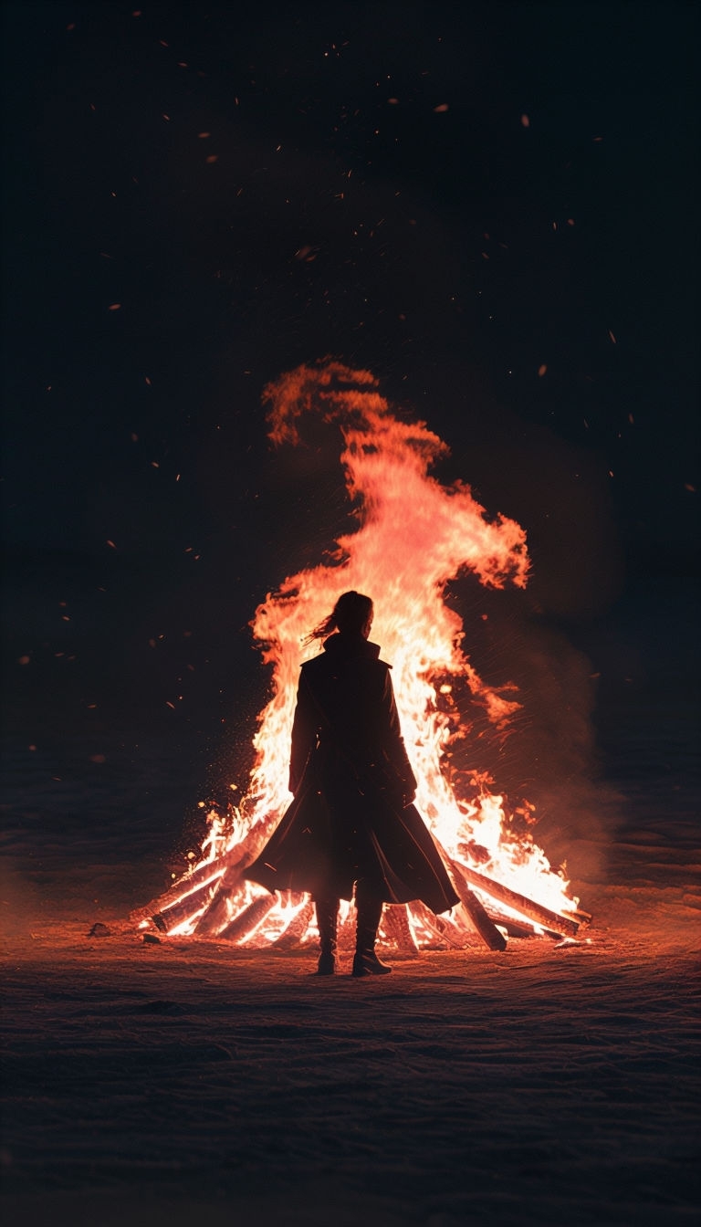 Dramatic Night Bonfire Scene with Silhouette Figure Mobile Wallpaper