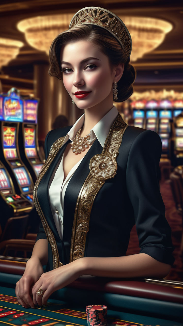 A sophisticated casino attendant, occupying the complete frame of this image, beams with enigmatic allure, adorned in an elegant outfit, encapsulating the spirit of opulent elegance typical to high-stakes gambling environments, Digital painting, ultra-realistic, 4k, gentle glow from the slot machines reflecting on her porcelain skin, wide frame, high contrast, chiaroscuro effect, vibrant colour palette.