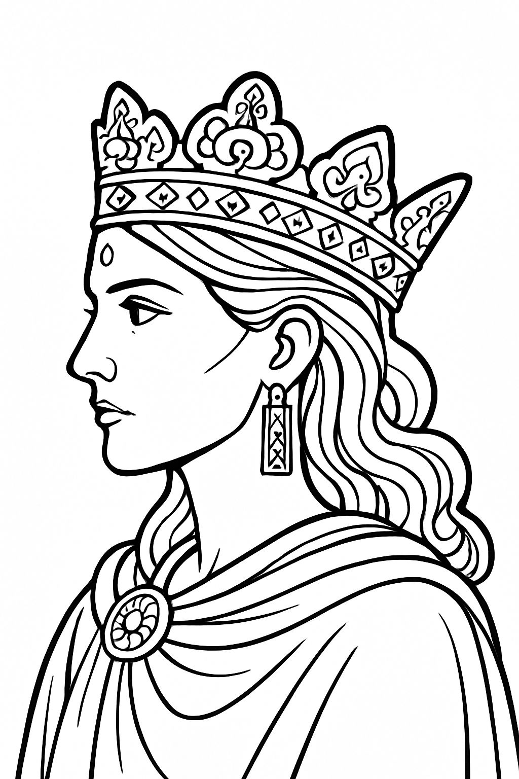 Regal Crowned Female Figure Line Art Illustration Coloring Book Pages