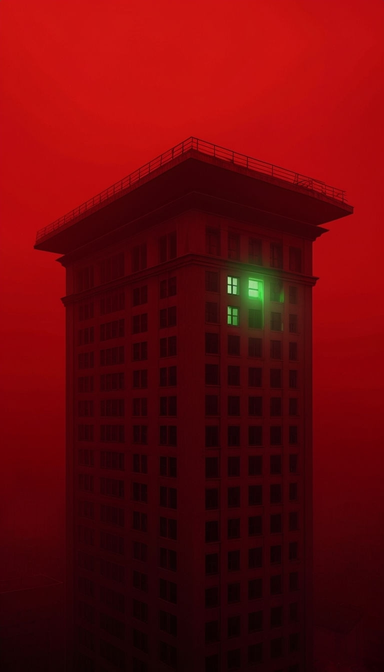 Eerie High-Rise Building with Neon Glow in Ominous Red Sky Mobile Wallpaper