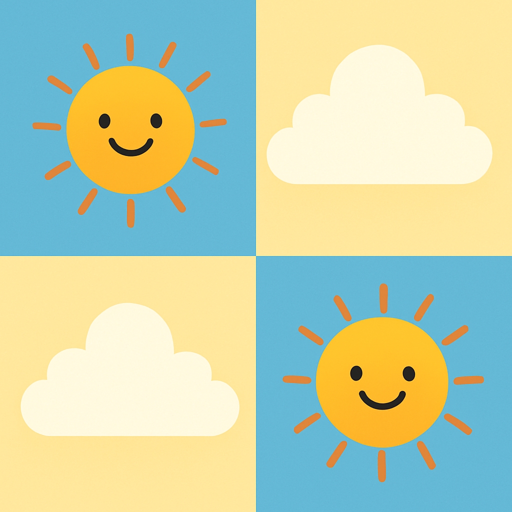Cheerful Cartoon Sun and Cloud Quadrant Seamless Pattern