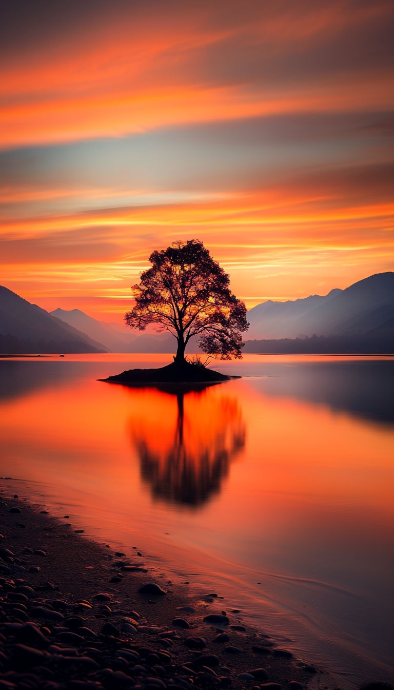 Tranquil Sunset Reflection with Lone Tree in Calm Lake Mobile Wallpaper