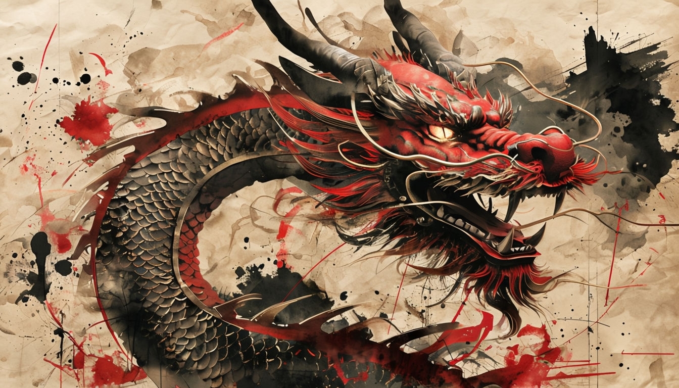 Majestic Asian Dragon Digital Artwork with Ink Wash Style Art