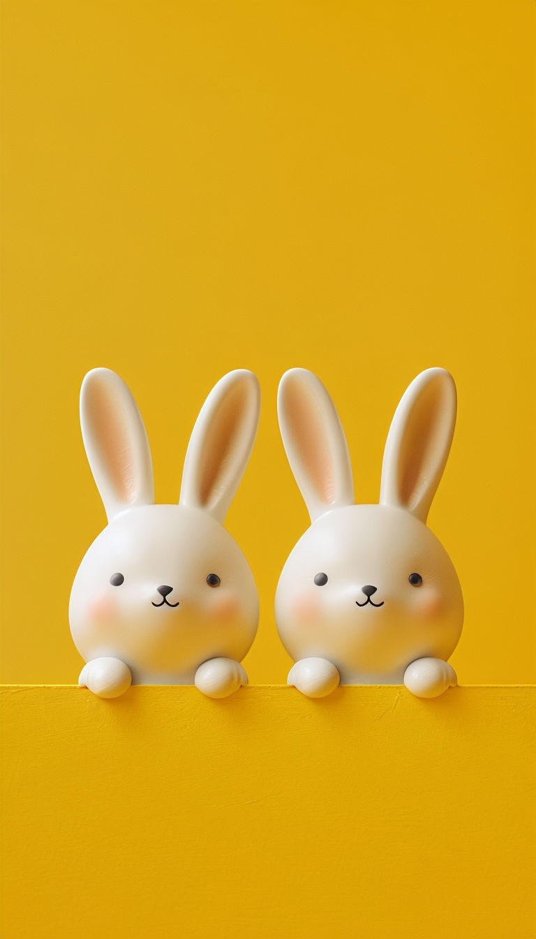 Charming Minimalist White Bunny Figurines on Yellow Background Mobile Wallpaper
