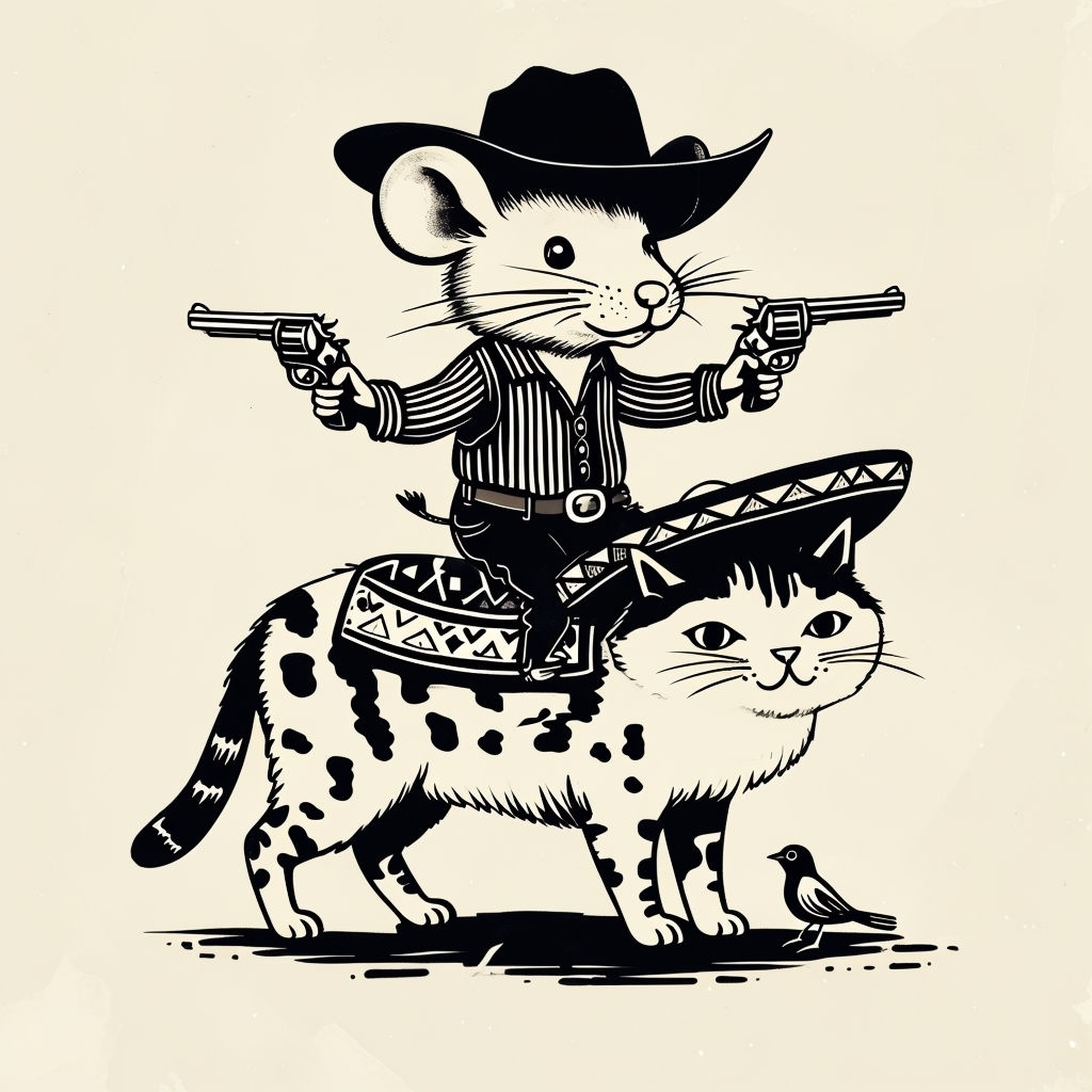 Whimsical Cowboy Mouse Riding Cat Illustration T-Shirt