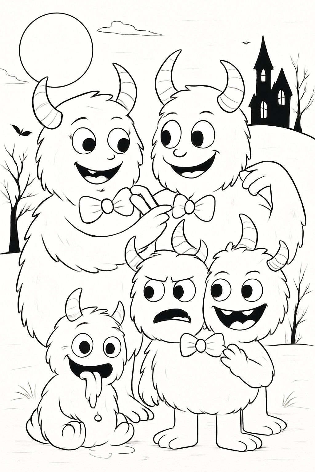 Playful Black-and-White Halloween Monsters Illustration Coloring Book Pages