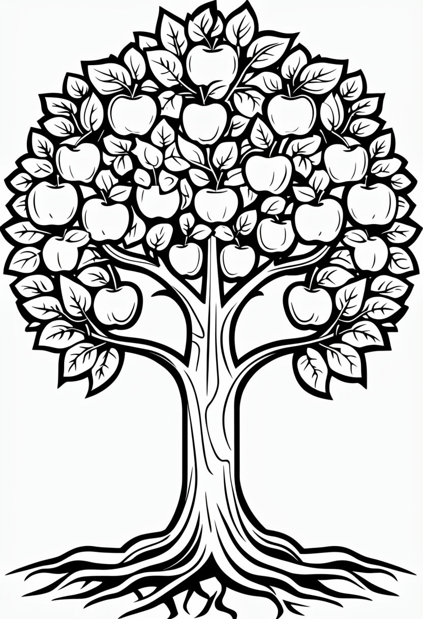 Stylized Black and White Apple Tree Line Drawing Coloring Page