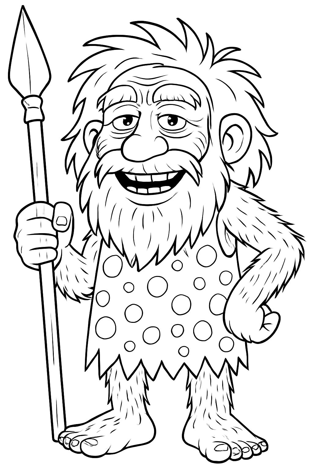 Cheerful Cartoon Caveman Character with Spear Coloring Book Page