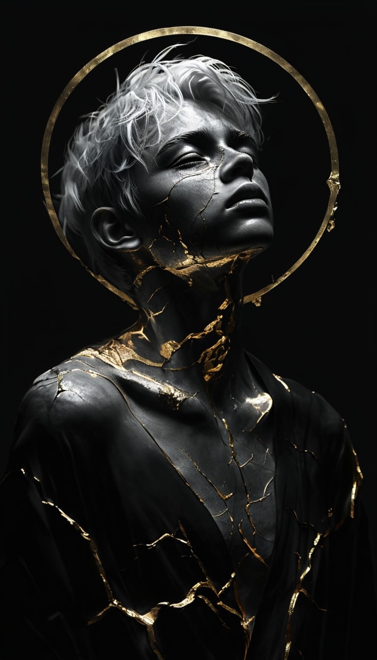 Dramatic Surreal Close-Up Portrait with Golden Accents Mobile Wallpaper