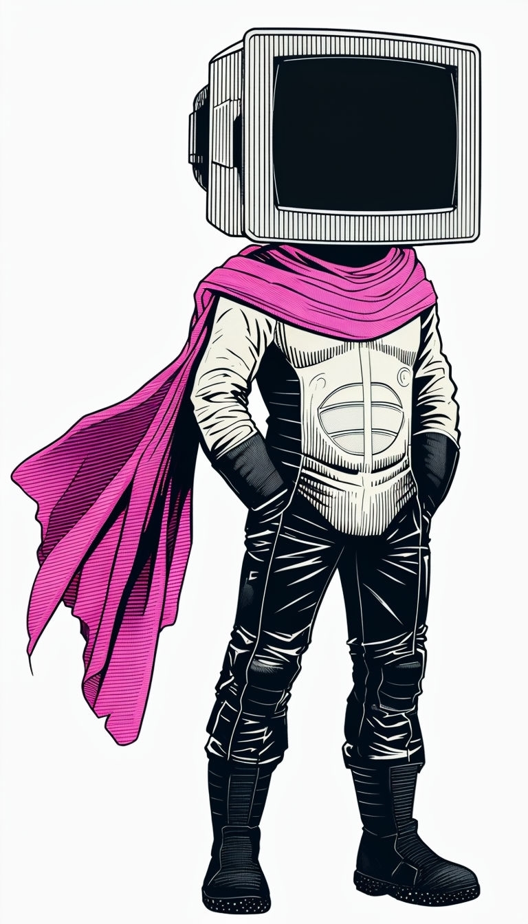 Futuristic Character with CRT Monitor Head and Bold Scarf Mobile Wallpaper