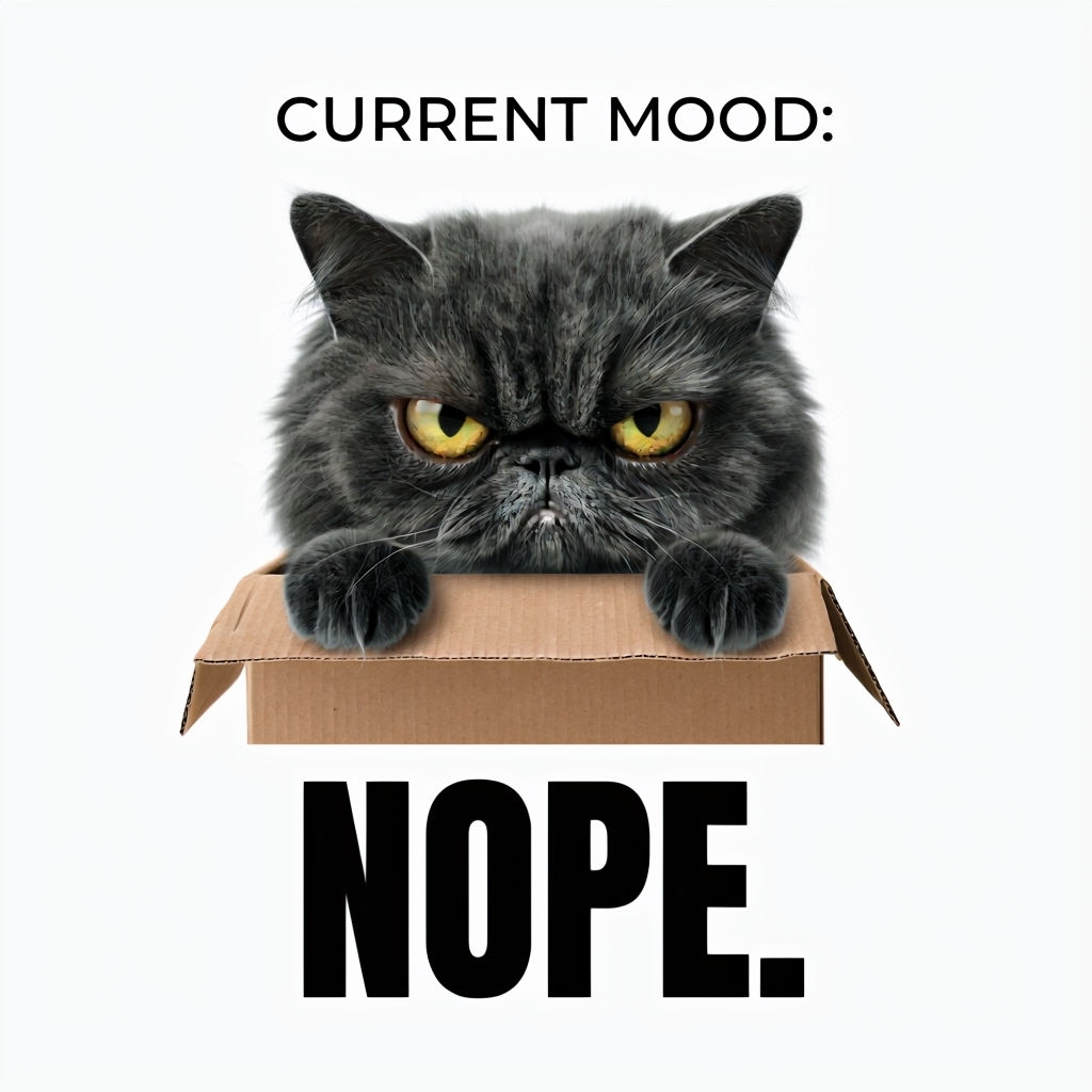Grumpy Charcoal Cat in Box with Current Mood Text Sticker