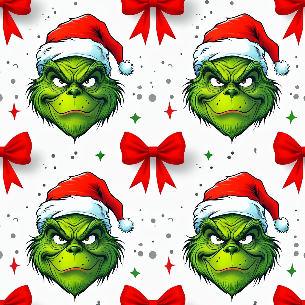 Festive Grinch Seamless Pattern with Red Bows and Stars Sticker