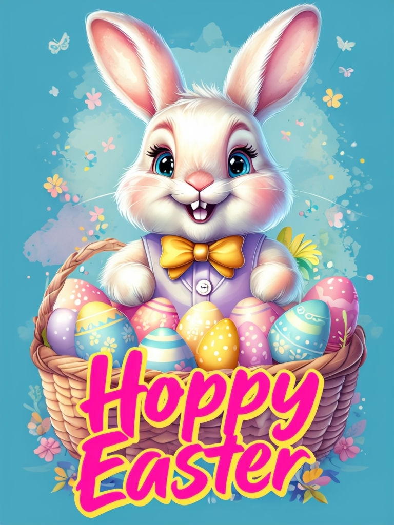 Cheerful Easter Bunny with Colorful Eggs and Hoppy Easter Text Poster