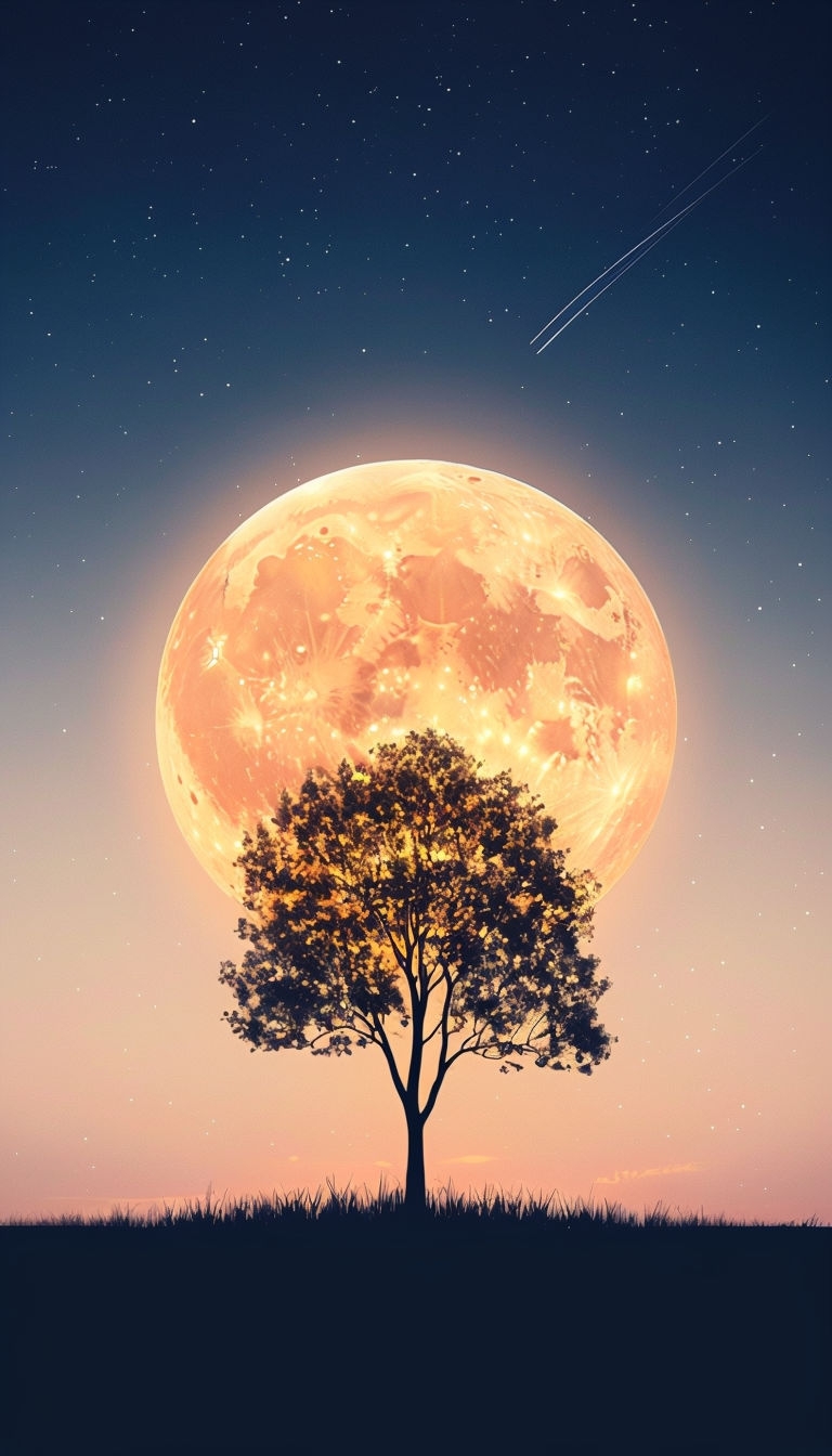Serene Nighttime Landscape with Radiant Amber Moon Wallpaper