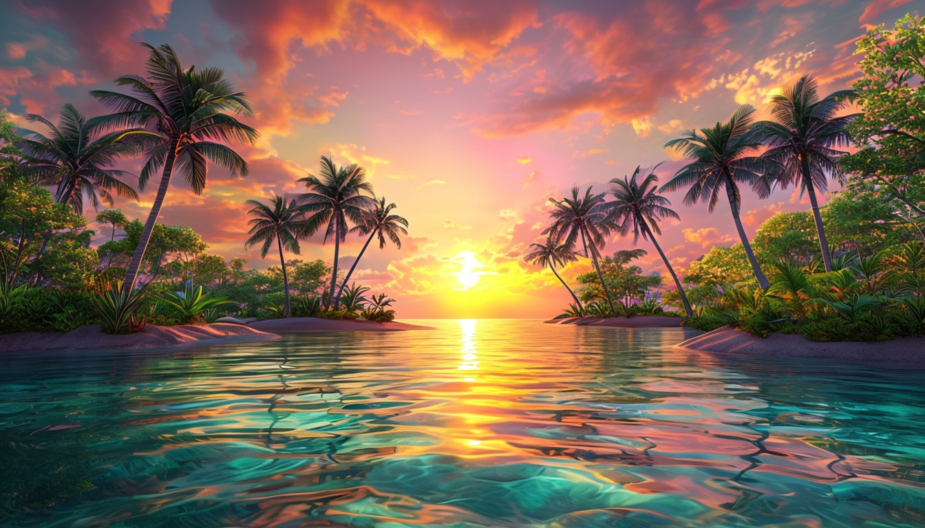 Tropical Island Sunset Serenity Digital Rendering Background