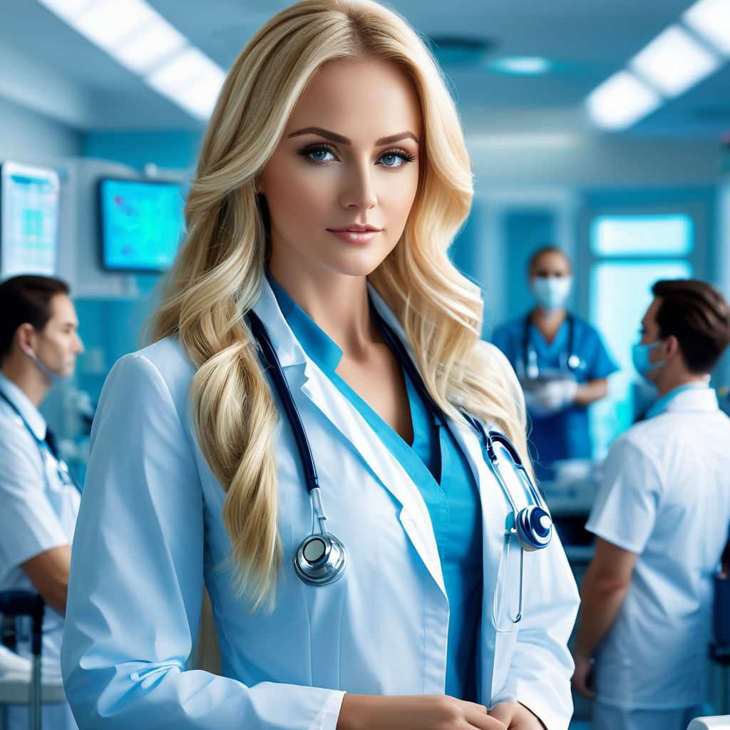 Beautiful flirty seductive blonde blonde woman resembling kayden kross as a  naughty sexy pharmacist wearing a white doctors coat with sexy revealing  clothes underneath