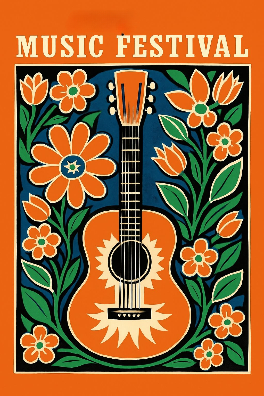 Vibrant Folk-Art Acoustic Guitar Music Festival T-Shirt