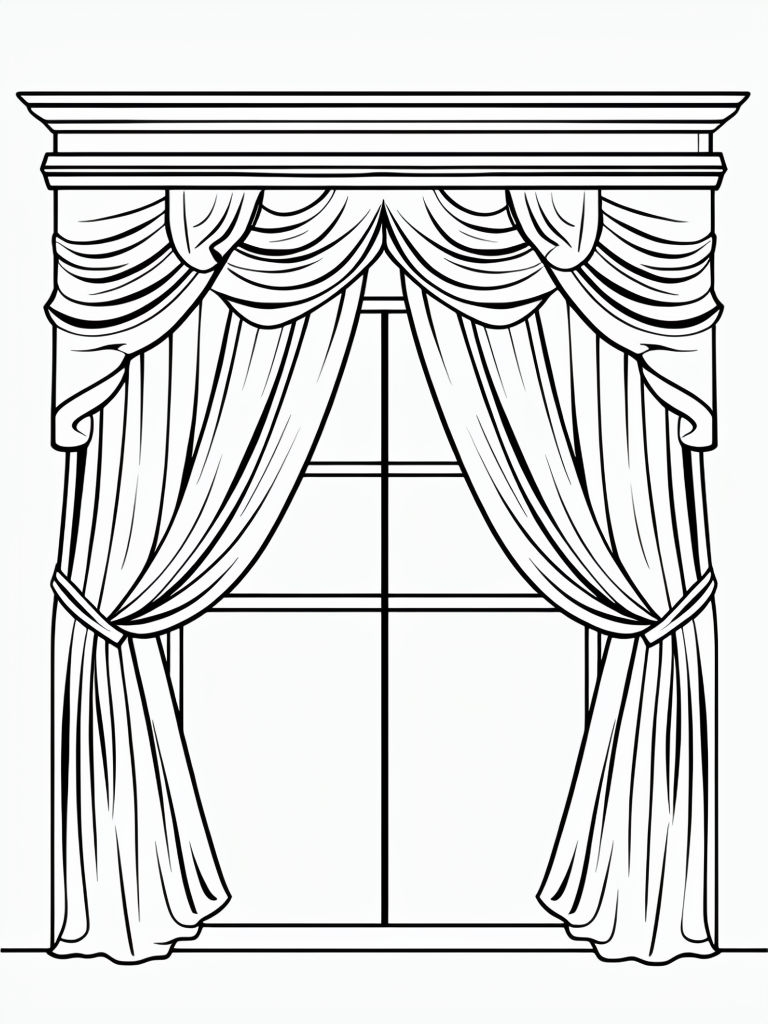 Elegant Symmetrical Draped Curtains Window Illustration Coloring Book Pages