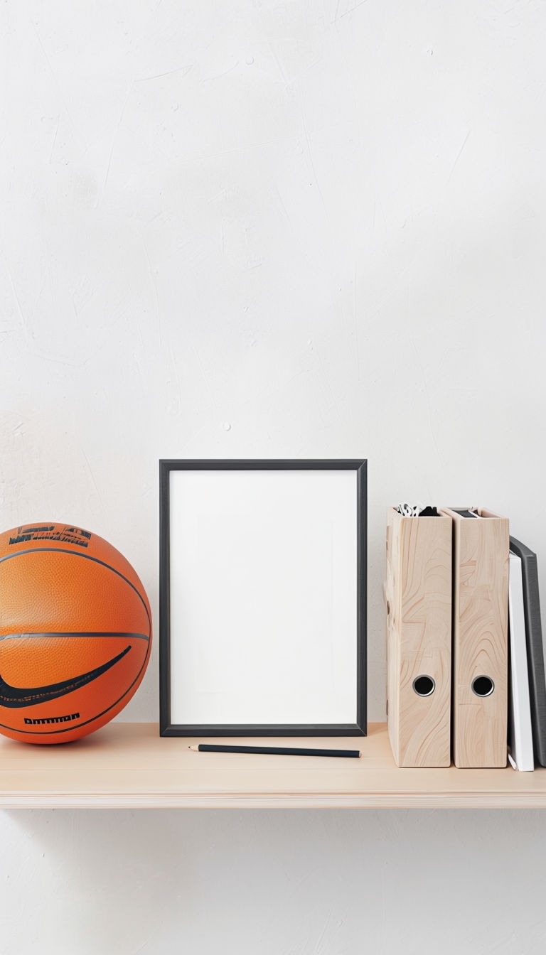 Minimalist Orange Basketball and Bookshelf Display Mockup