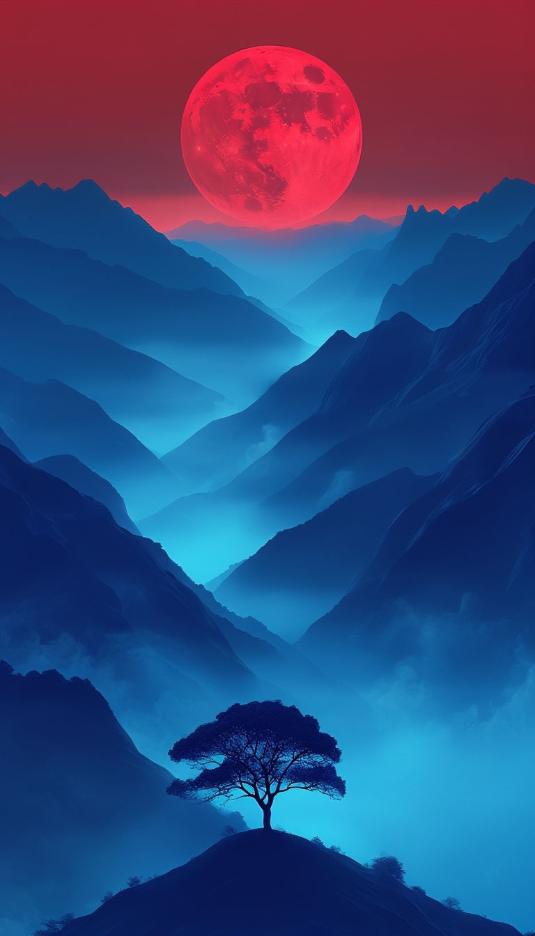 Ethereal Landscape with Lone Tree and Crimson Moon Mobile Wallpaper