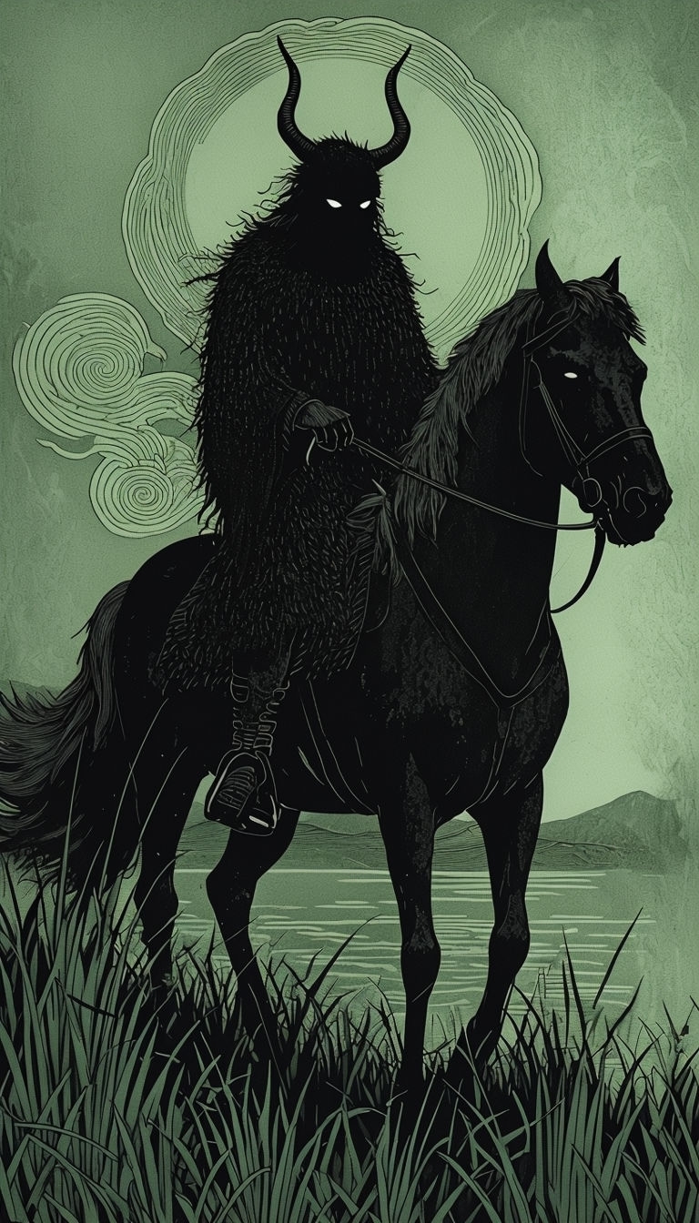 Eerie Shadow Rider on Horse in Dark Grassy Landscape Mobile Wallpaper