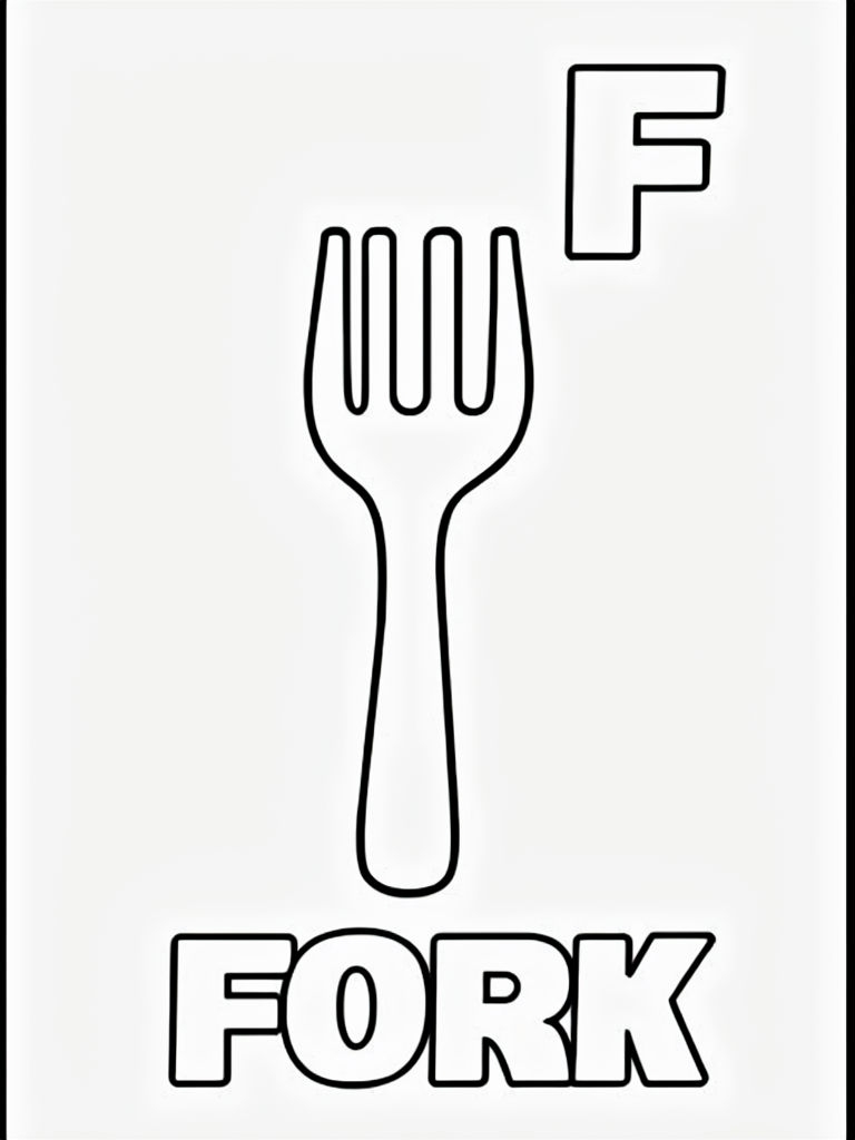 Uppercase Letter F with Fork Outline Coloring Page for Kids Coloring Book Pages