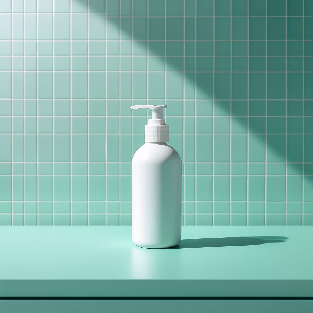 Minimalist White Pump Bottle on Mint Green Countertop Mockup