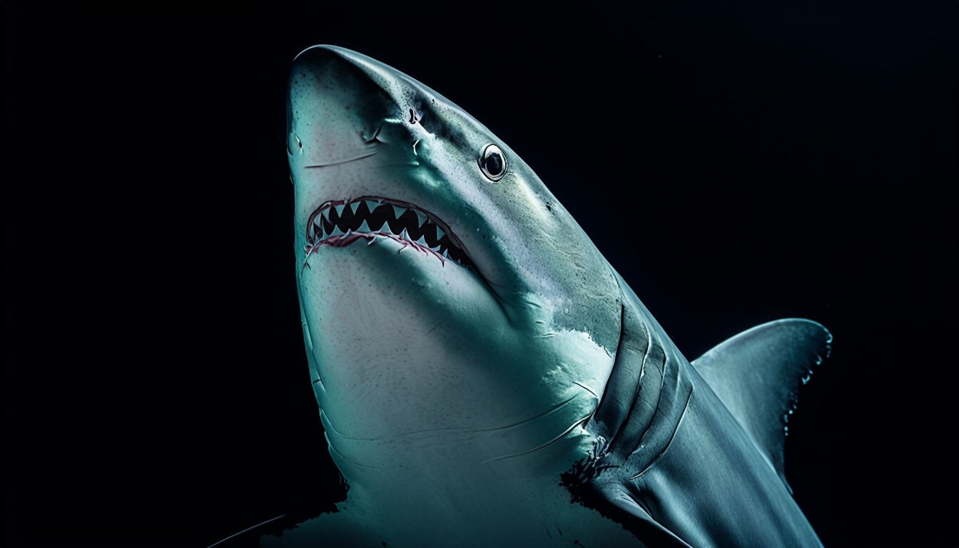 Dramatic Shark Close-Up with Teal Glow Virtual Background