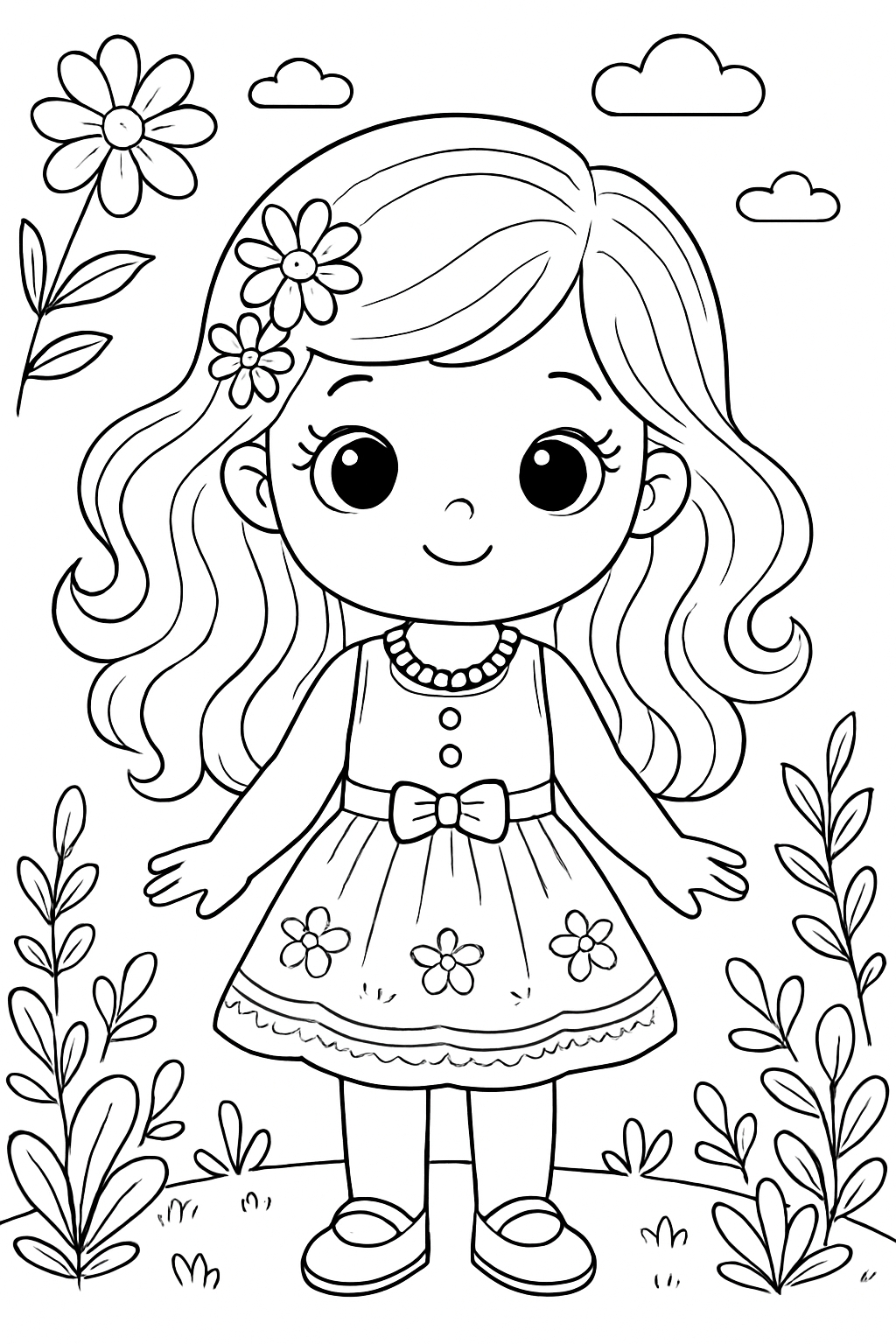 Cheerful Young Girl Surrounded by Plants Coloring Page