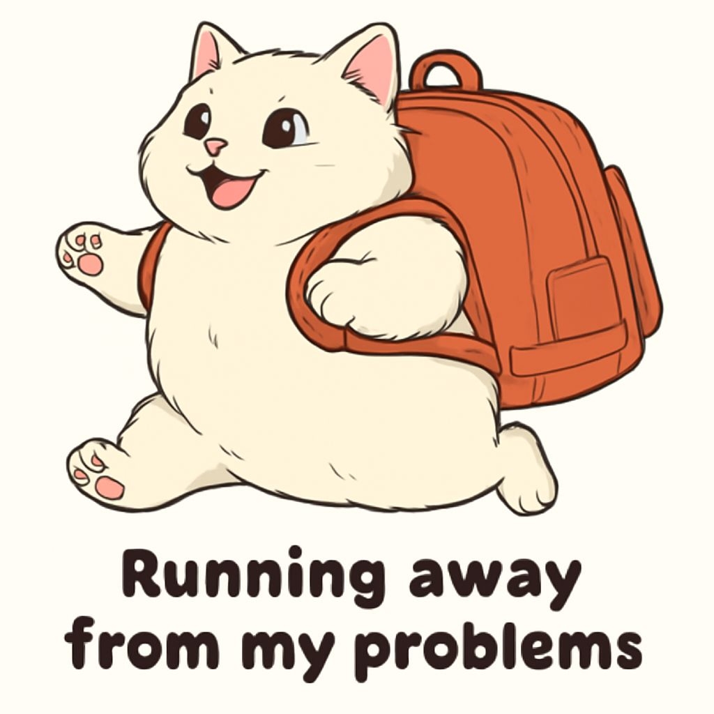 Cheerful Cartoon Cat with Backpack Sticker "Running Away from My Problems"