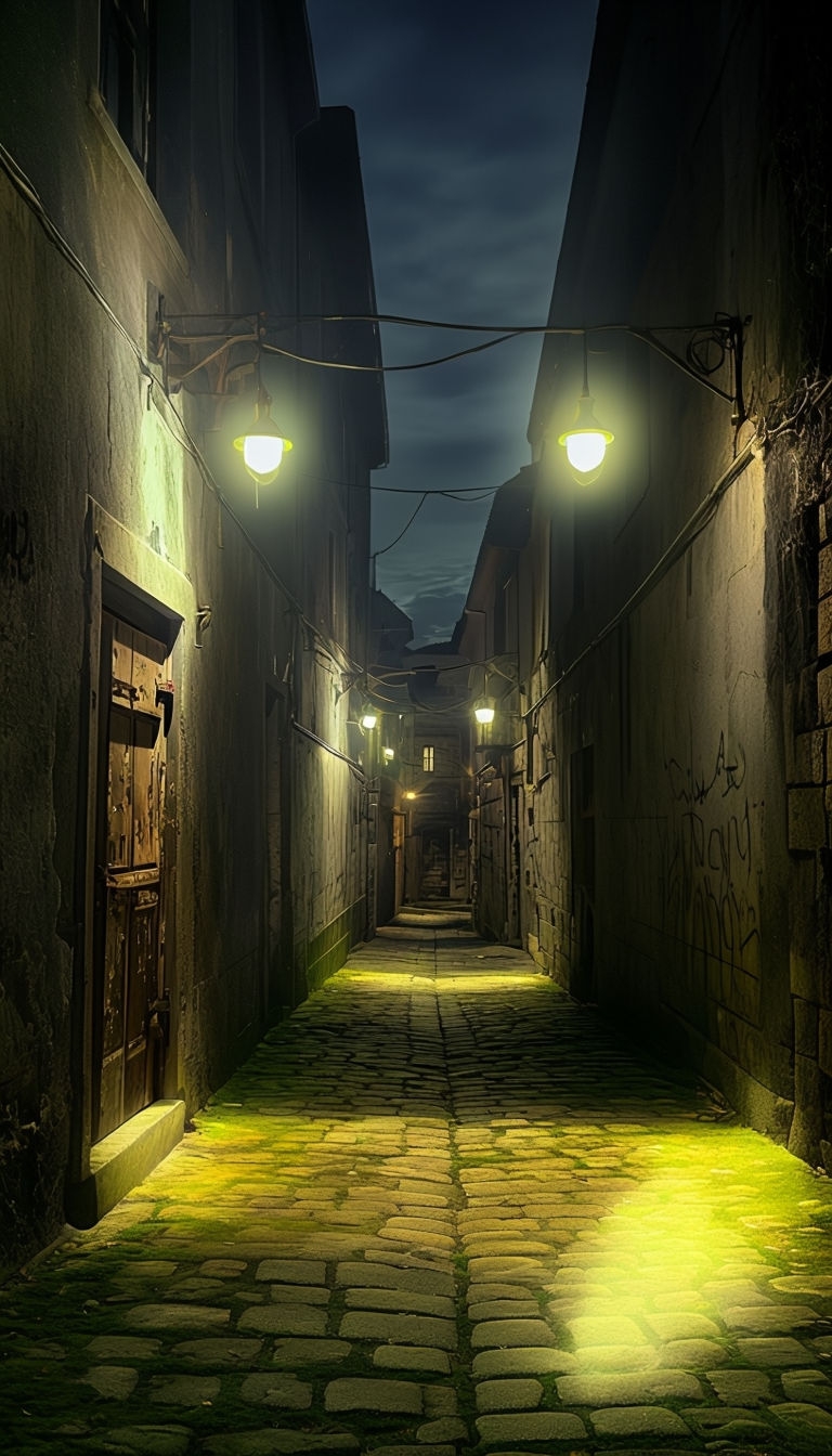 Eerie Nighttime Alleyway Photograph with Dim Yellow Lights Mobile Wallpaper