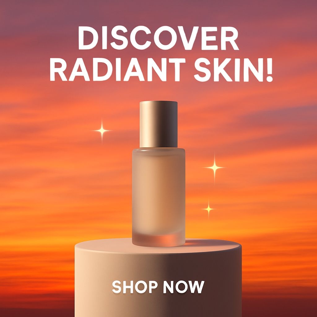 Vibrant Sunset Skincare Product Display with Catchy Call-to-Action Ads