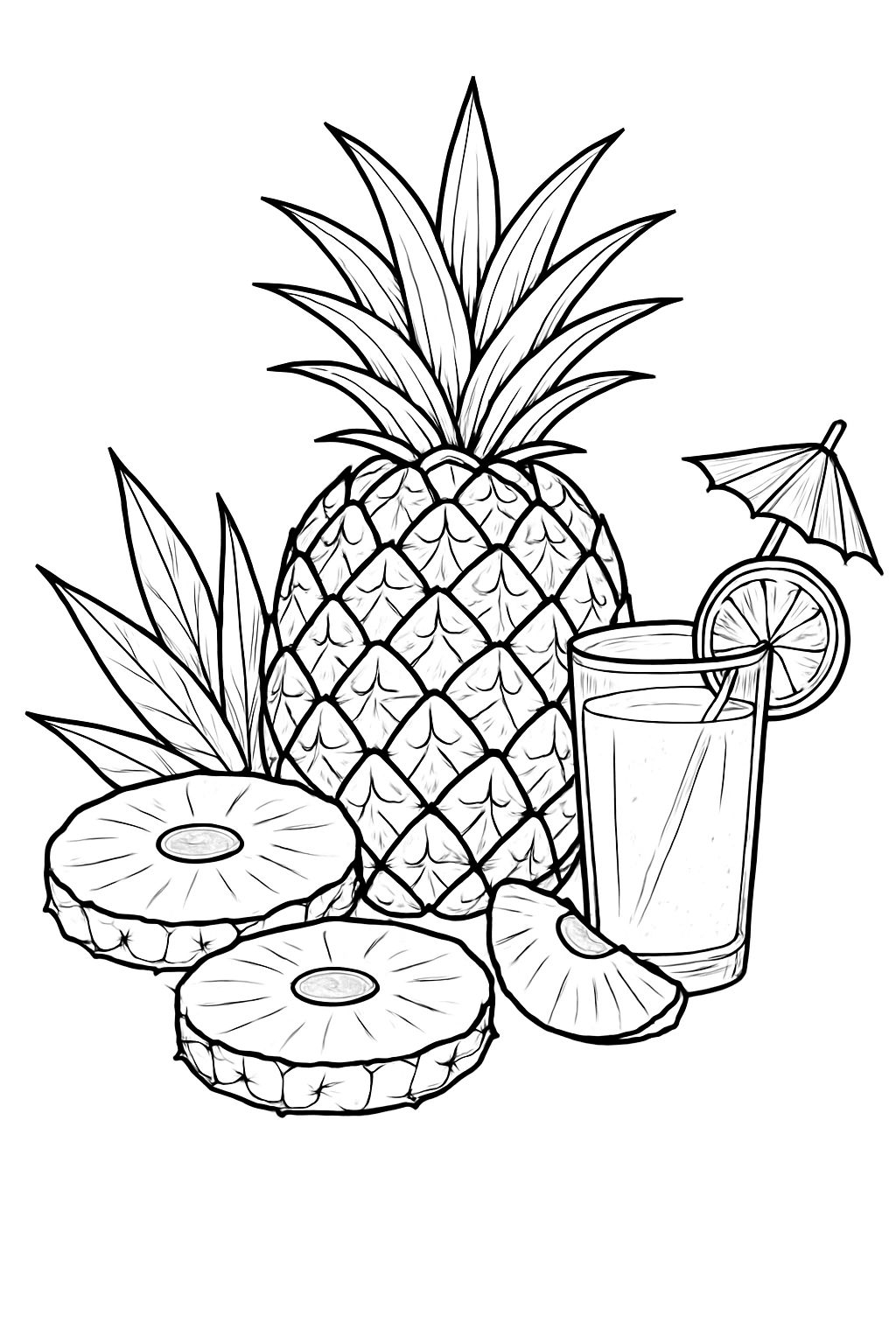 Tropical Pineapple and Juice Line Art Illustration Coloring Book Pages