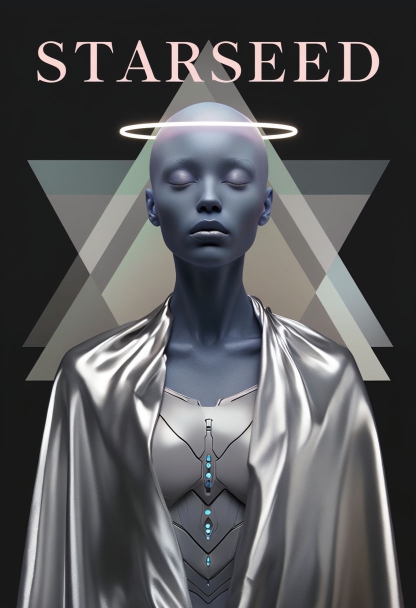 Futuristic Blue Skin Figure with Halo and Geometric Background Poster