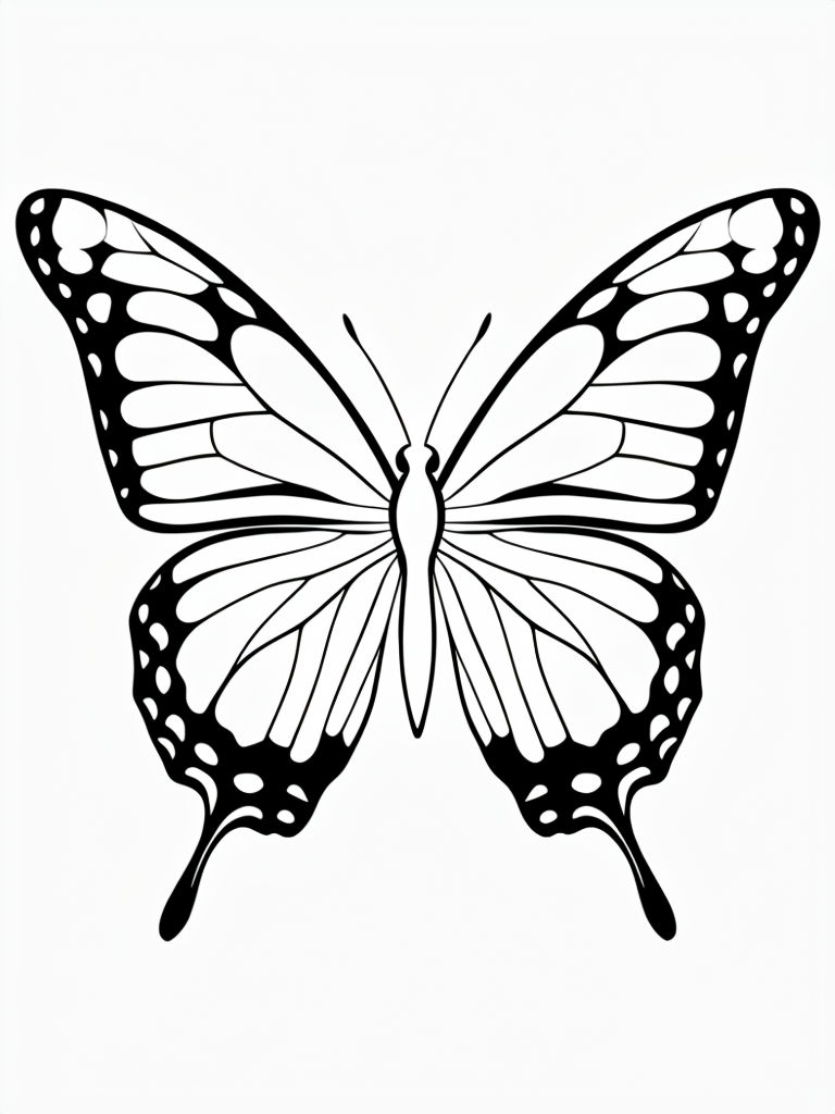 Elegant Black and White Butterfly Line Drawing for Coloring Book Pages