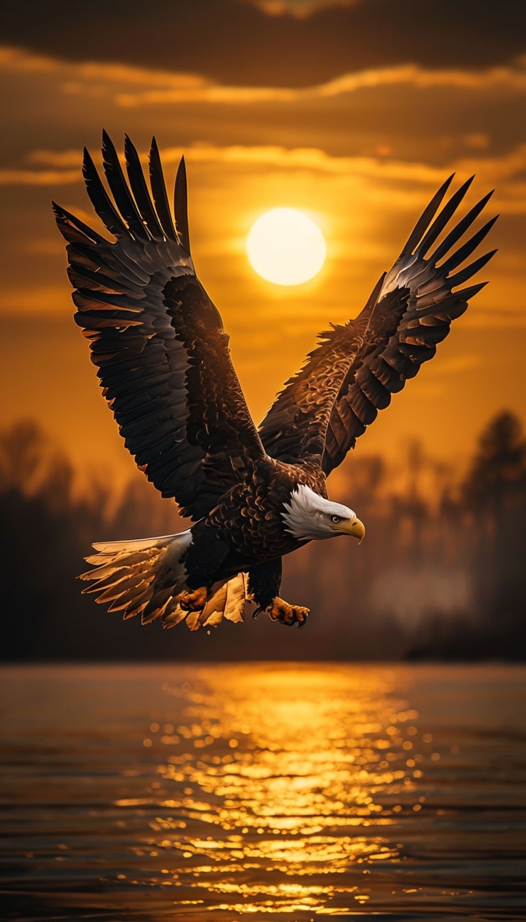 Majestic Bald Eagle in Flight Against Dramatic Sunset Mobile Wallpaper