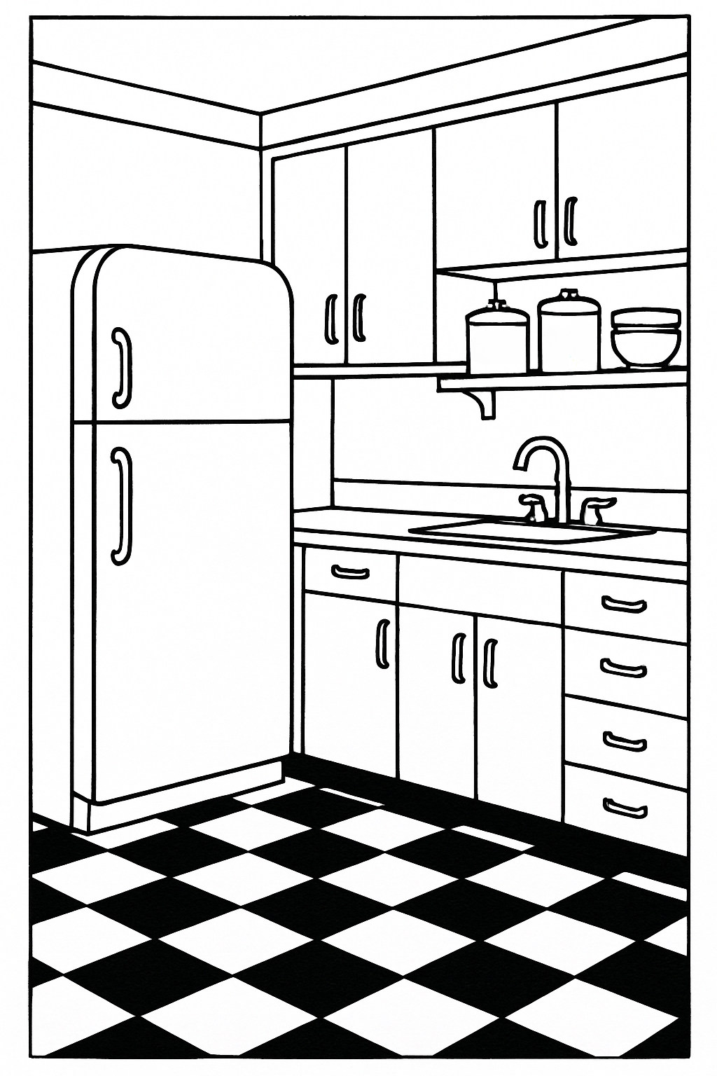 Minimalist Black and White Kitchen Corner Line Drawing Coloring Book Pages
