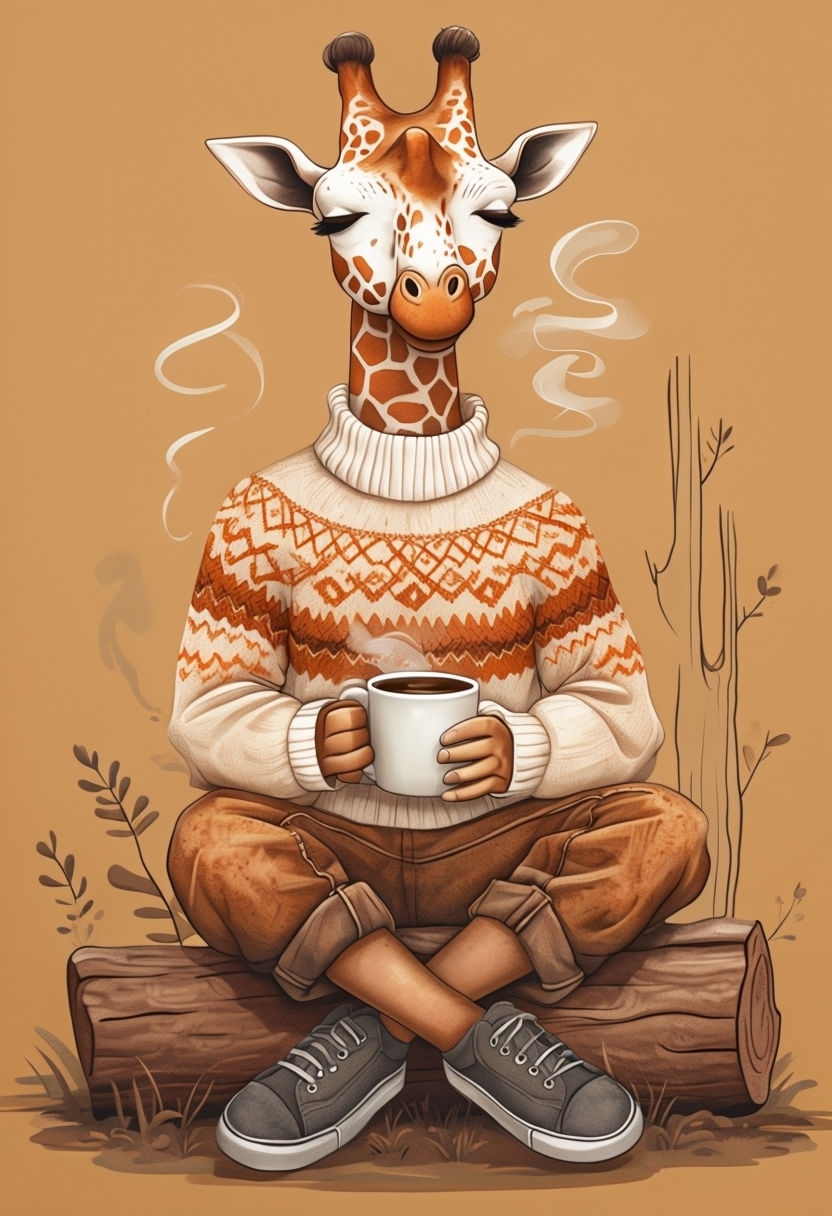 Whimsical Cartoon Giraffe on Log with Cozy Sweater Art
