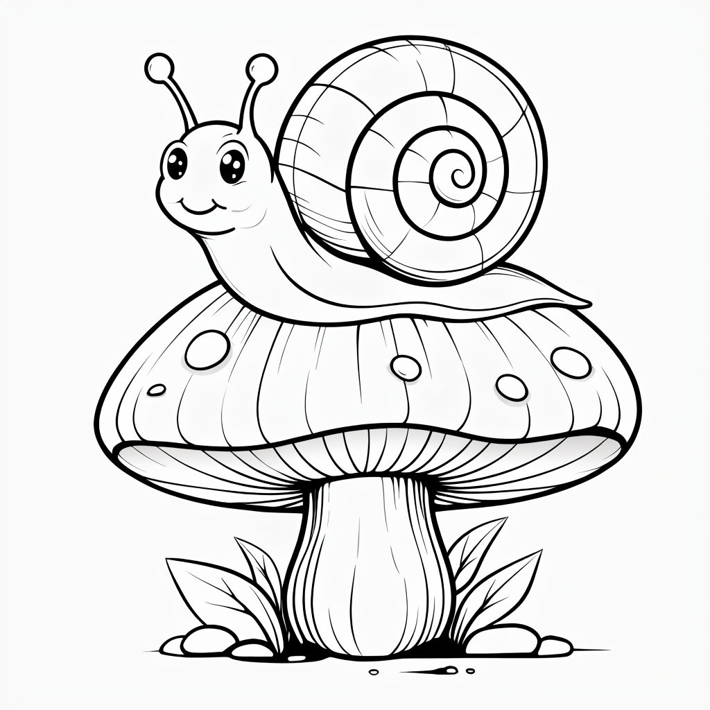 Cheerful Cartoon Snail on Mushroom Line Drawing Sticker