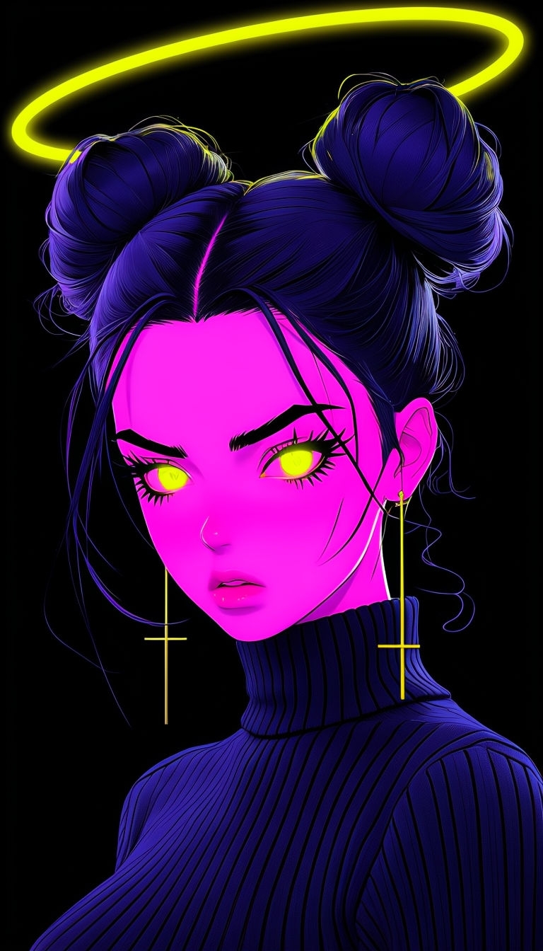 Neon Pink Anime Girl with Glowing Yellow Eyes Illustration Mobile Wallpaper