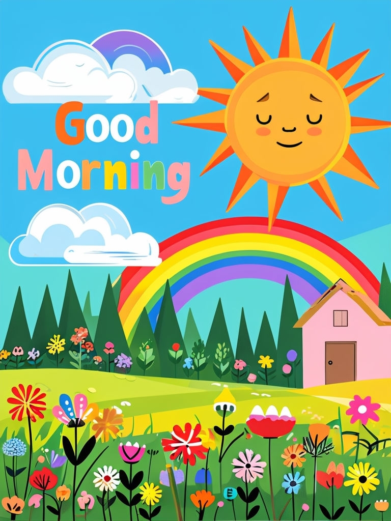 Cheerful Good Morning Cartoon Landscape Art with Rainbow and Sun