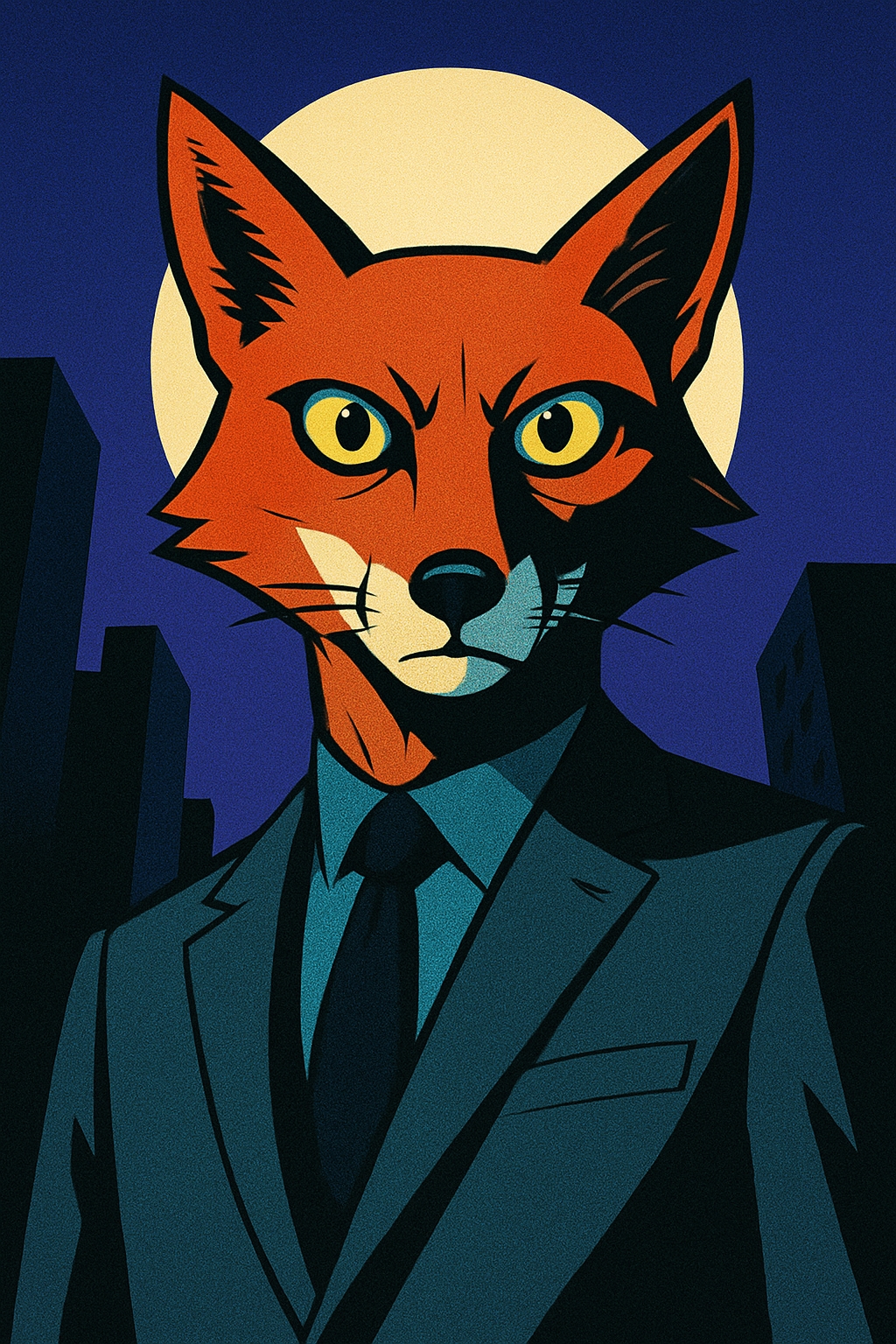 Stylized Anthropomorphic Fox in Suit with Moon Art