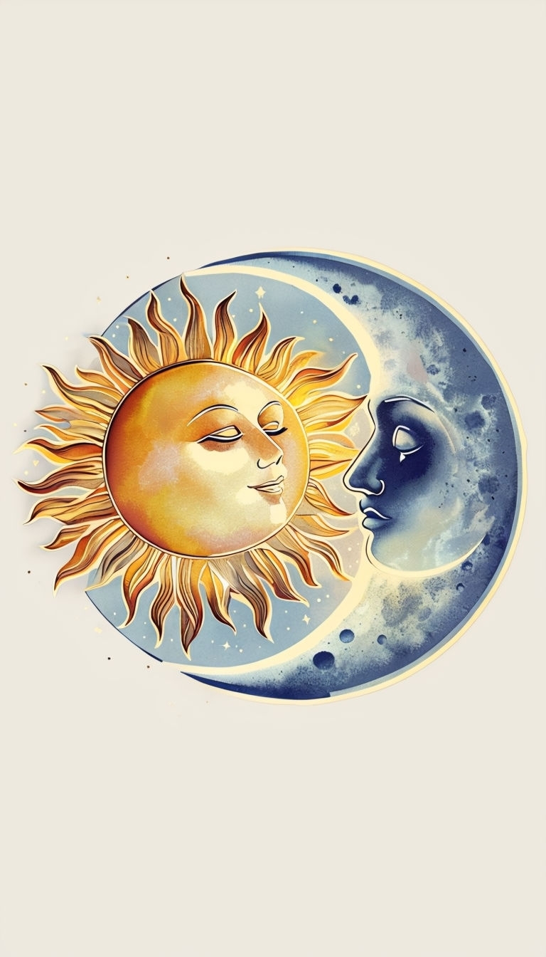 Whimsical Sun and Moon Retro Illustration Art