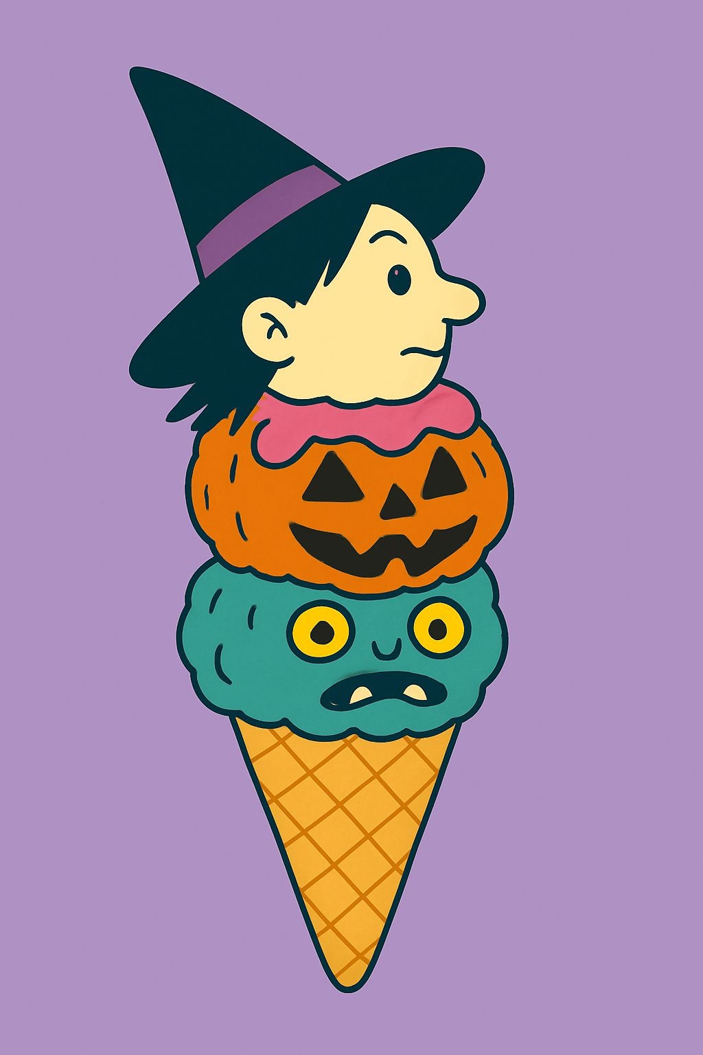 Whimsical Halloween Ice Cream Cone Cartoon Illustration Art